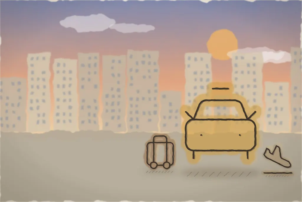 Taxi la sosirea pe aeroport, cu bagaje (ilustrație)